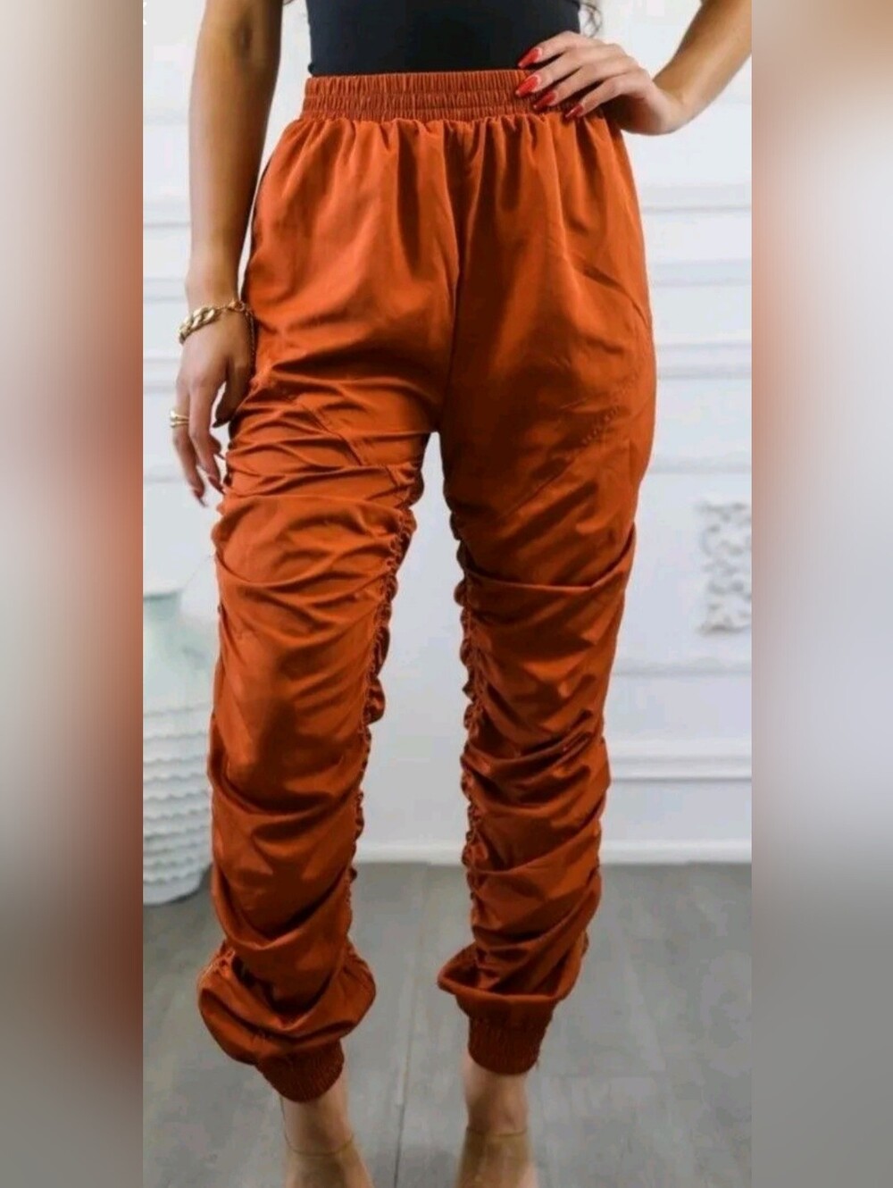 Ruched Satin Track Pants - Rust Orange